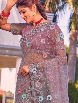 Lavender sequin embroidered work net saree sari 3