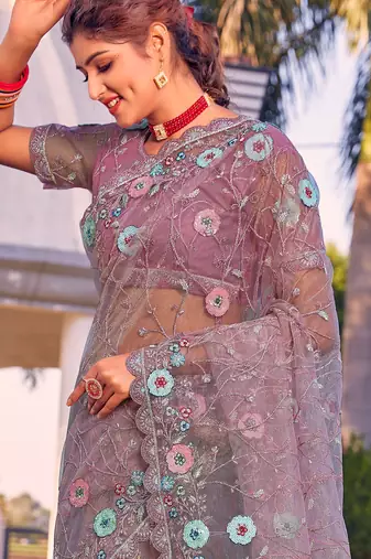 Lavender sequin embroidered work net saree sari