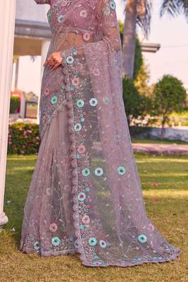 Lavender sequin embroidered work net saree sari 4