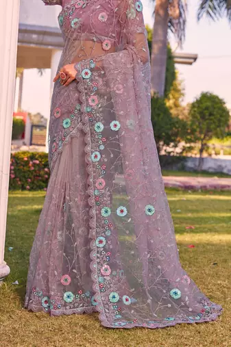 Lavender sequin embroidered work net saree sari