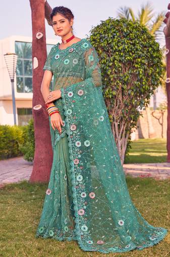 Sea green sequin embroidered work net saree sari