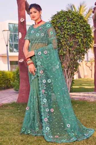 Sea green sequin embroidered work net saree sari