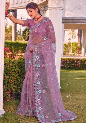 Lavender sequin embroidered work net saree sari 1