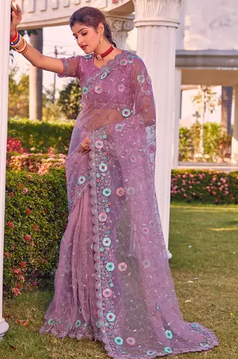 Lavender sequin embroidered work net saree sari