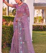 Lavender sequin embroidered work net saree sari