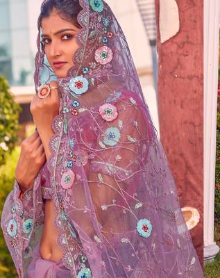 Lavender sequin embroidered work net saree sari 2