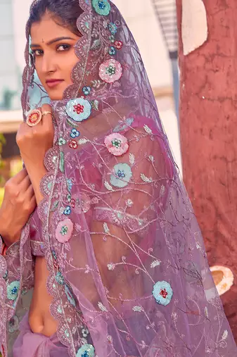 Lavender sequin embroidered work net saree sari