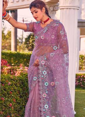 Lavender sequin embroidered work net saree sari 3