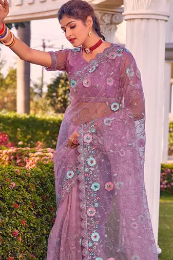 Lavender sequin embroidered work net saree sari