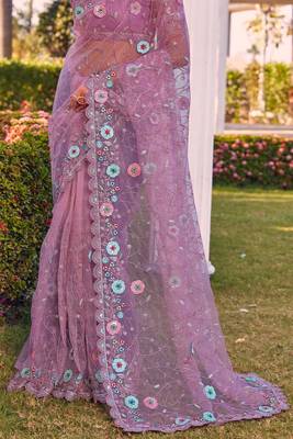 Lavender sequin embroidered work net saree sari 4