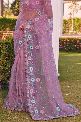 Lavender sequin embroidered work net saree sari