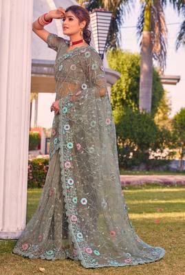 Green sequin embroidered work net saree sari 1