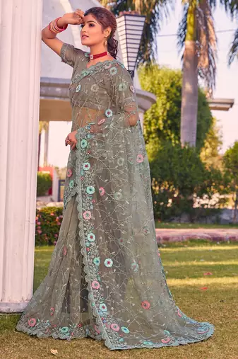 Green sequin embroidered work net saree sari