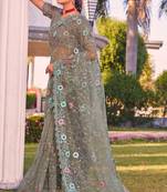 Green sequin embroidered work net saree sari