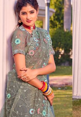 Green sequin embroidered work net saree sari 2