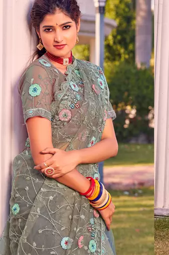 Green sequin embroidered work net saree sari