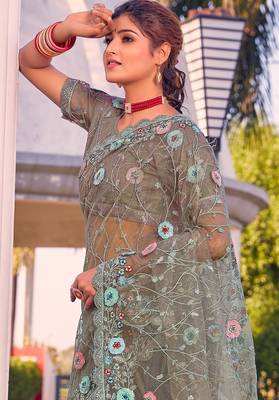 Green sequin embroidered work net saree sari 3
