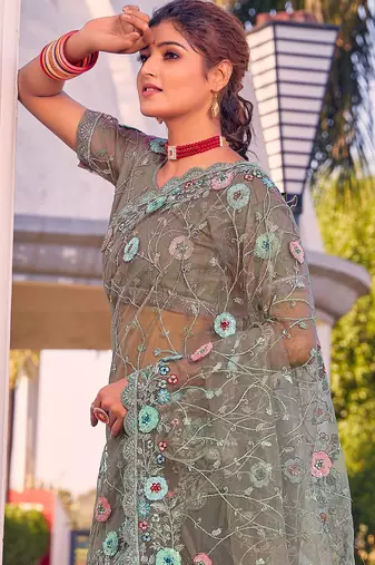 Green sequin embroidered work net saree sari