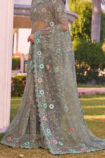 Green sequin embroidered work net saree sari