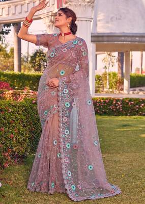 Purple sequin embroidered work net saree sari 1