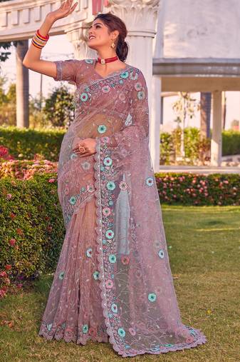 Purple sequin embroidered work net saree sari