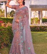 Purple sequin embroidered work net saree sari
