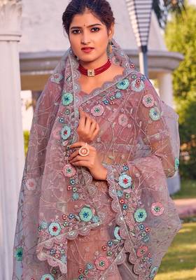 Purple sequin embroidered work net saree sari 2