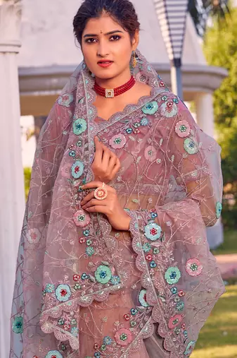 Purple sequin embroidered work net saree sari