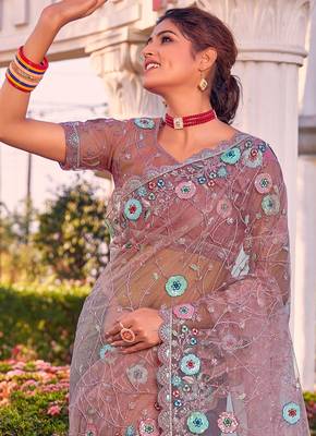 Purple sequin embroidered work net saree sari 3