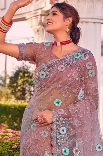 Purple sequin embroidered work net saree sari