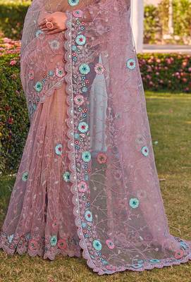 Purple sequin embroidered work net saree sari 4