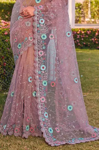 Purple sequin embroidered work net saree sari