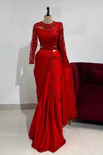Red Thread With sequin Work Satin silk blend Saree