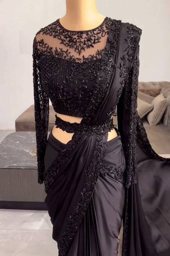 Black Thread With sequin Work Satin silk blend Saree
