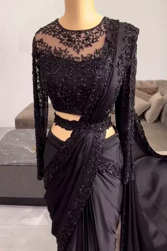 Black Thread With sequin Work Satin silk blend Saree