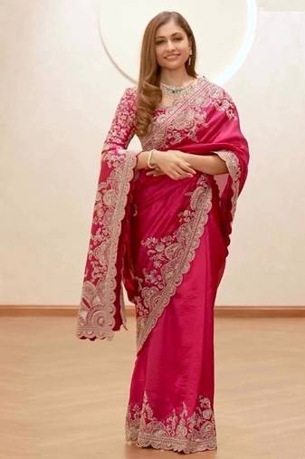 Pink Coding Sequnce Work Vichitra silk blend Saree