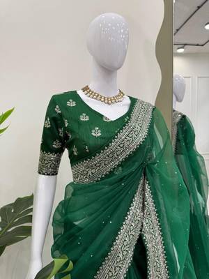 Dark Green Thread sequin Work Organza silk blend Saree 2