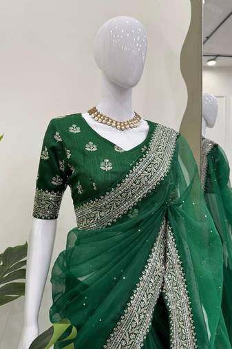 Dark Green Color Thread & Sequence Work Organza Silk Saree