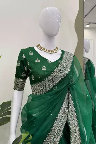 Dark Green Color Thread & Sequence Work Organza Silk Saree