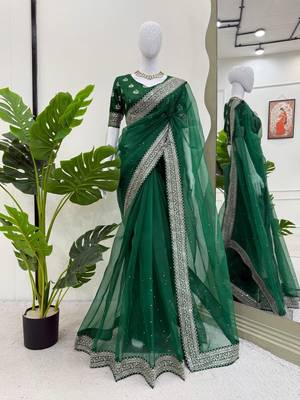 Dark Green Thread sequin Work Organza silk blend Saree 1