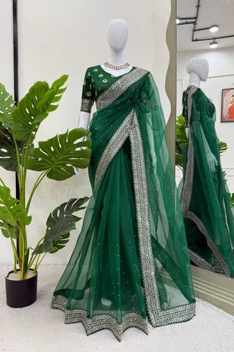 Dark Green Thread sequin Work Organza silk blend Saree