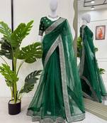 Dark Green Thread sequin Work Organza silk blend Saree