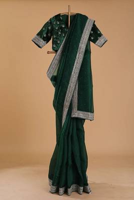 Dark Green Thread sequin Work Organza silk blend Saree 3