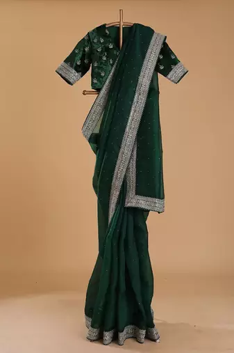 Dark Green Thread sequin Work Organza silk blend Saree