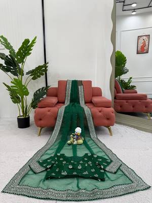 Dark Green Thread sequin Work Organza silk blend Saree 4