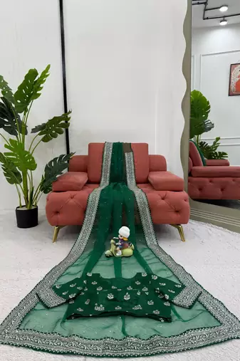 Dark Green Thread sequin Work Organza silk blend Saree