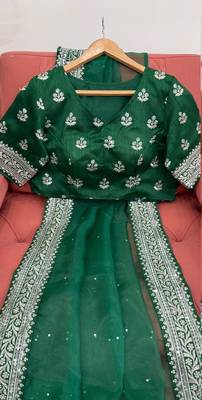 Dark Green Thread sequin Work Organza silk blend Saree 5