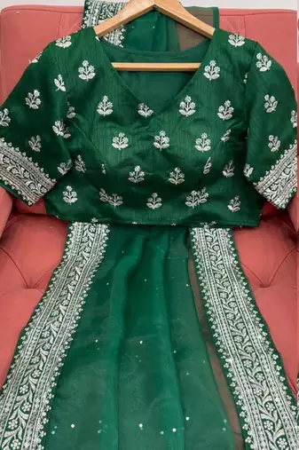 Dark Green Thread sequin Work Organza silk blend Saree