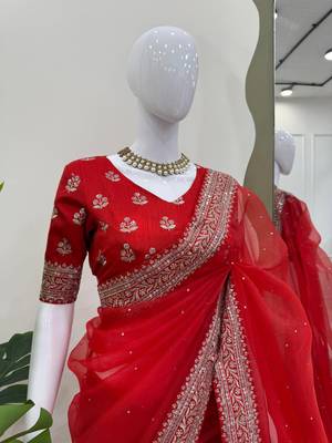 Red Thread sequin Work Organza silk blend Saree 2
