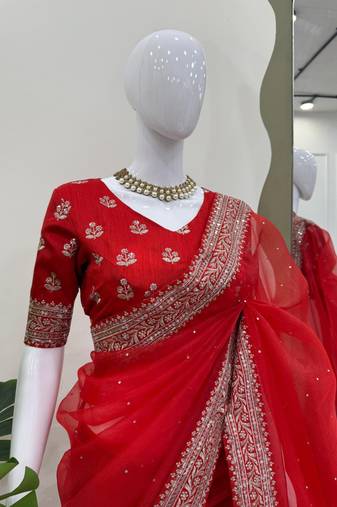 Red Color Thread & Sequence Work Organza Silk Saree